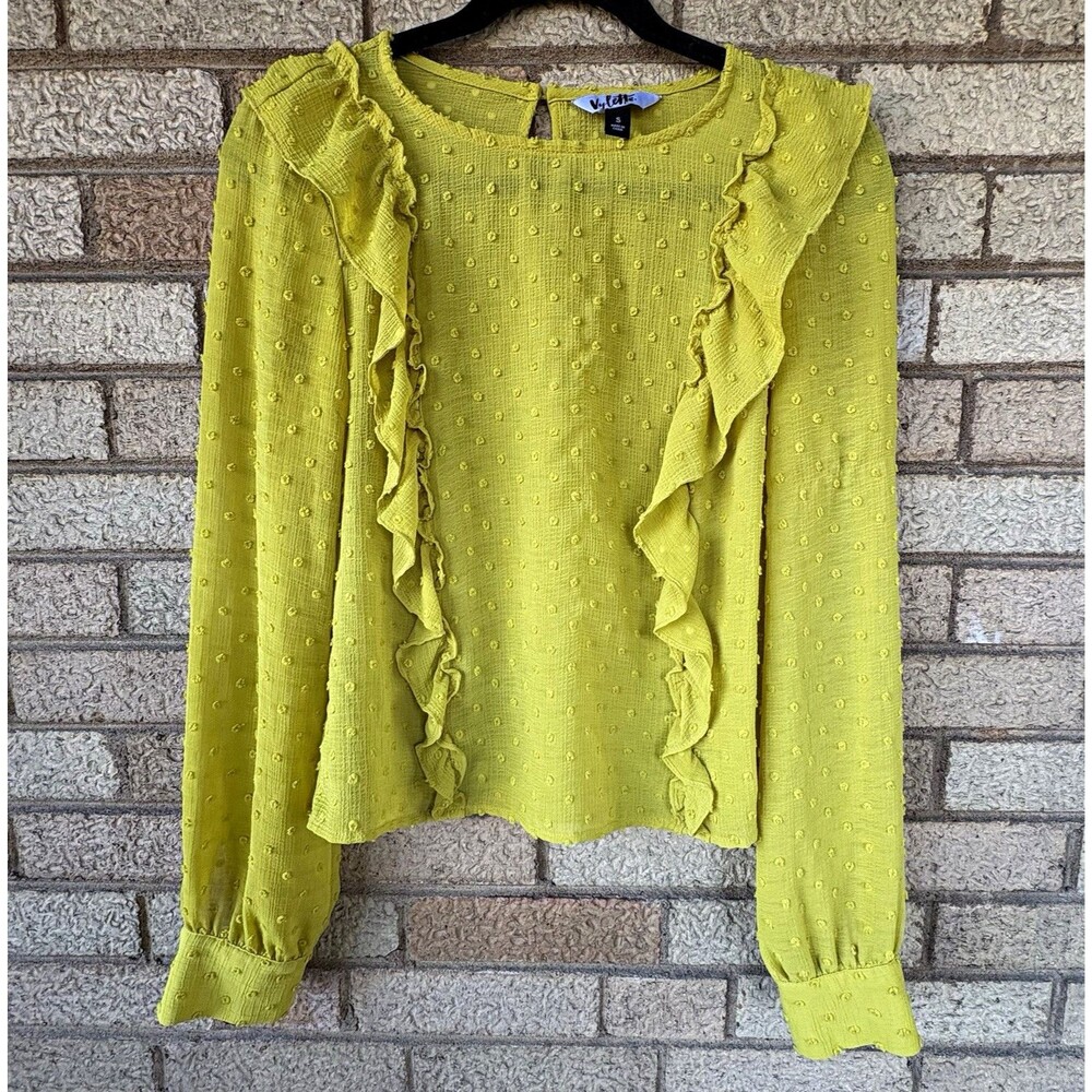 Vylette Women's Yellow Dobby Ruffle Round Neck Button Long Sleeve Blouse S